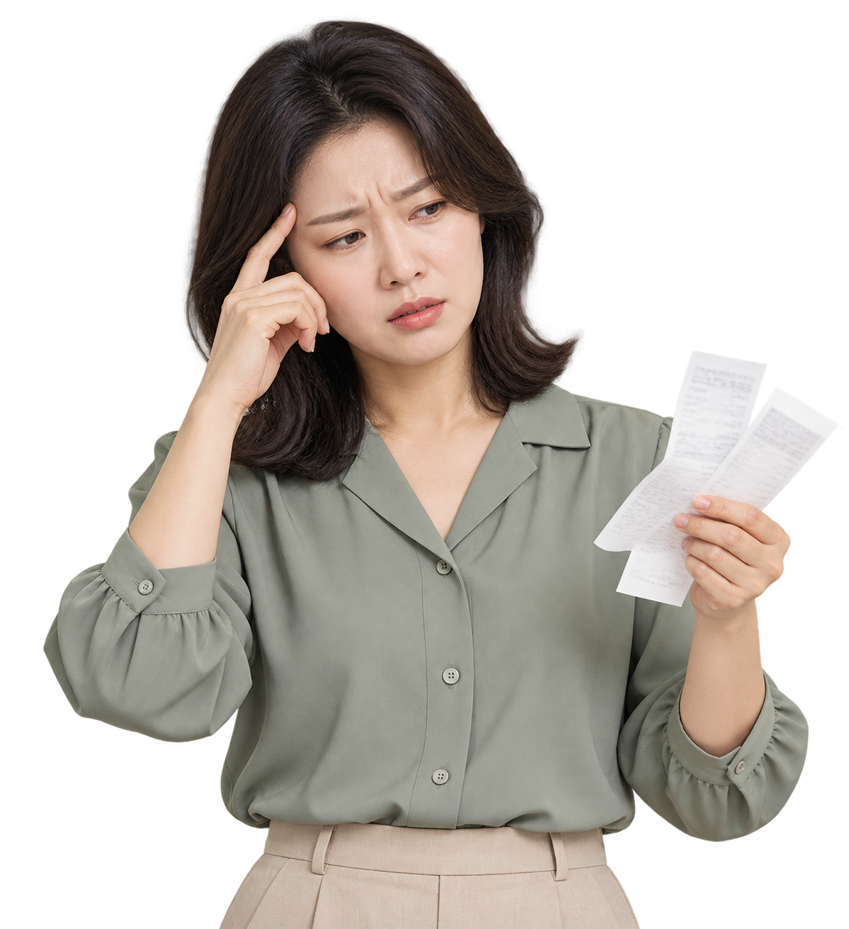 영수증을 들고 업무를 고민하는 인물