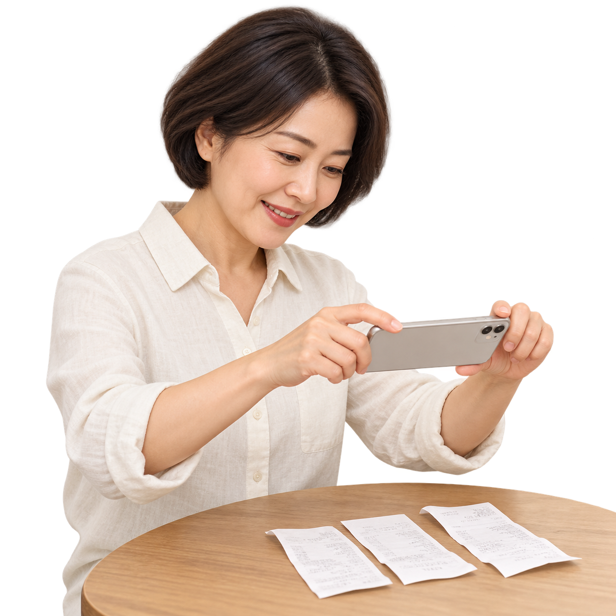 영수증을 휴대폰으로 촬영하는 상황의 연출 이미지