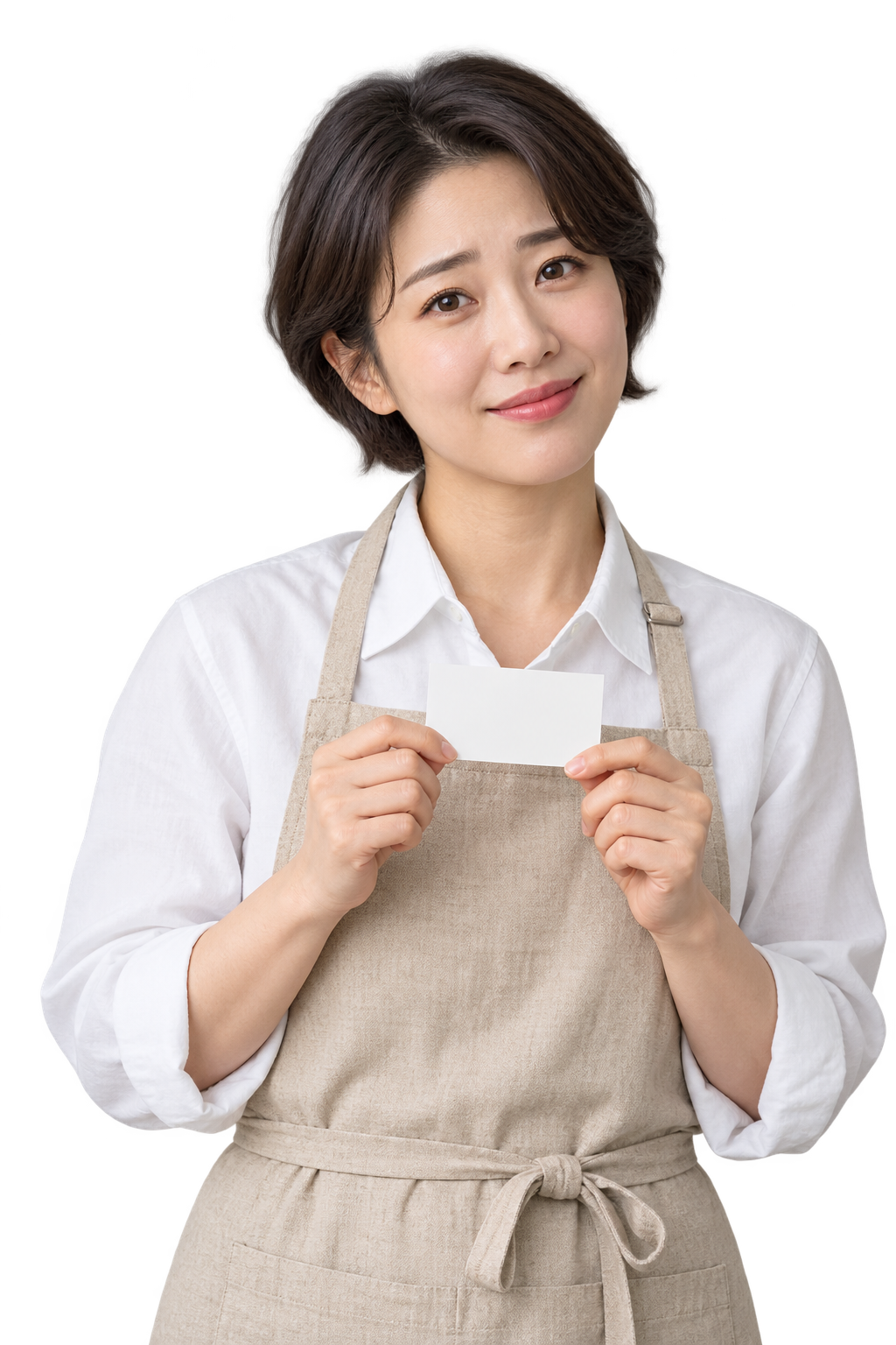 명함을 들고 홈페이지 제작을 생각하는 가상 가게 사장님의 연출 이미지